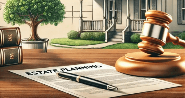 Estate planning documents with symbols of asset protection and probate avoidance.