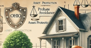 Estate planning documents with symbols of asset protection and probate avoidance.
