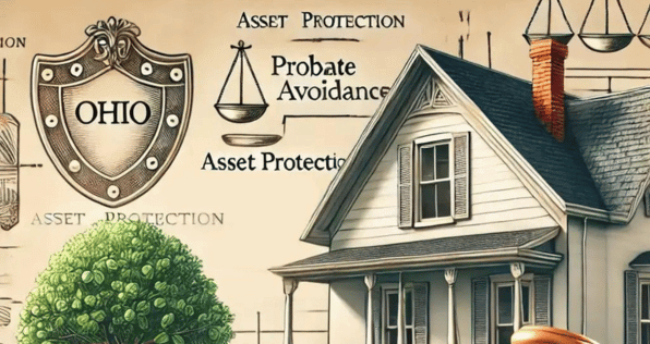 Estate planning documents with symbols of asset protection and probate avoidance.