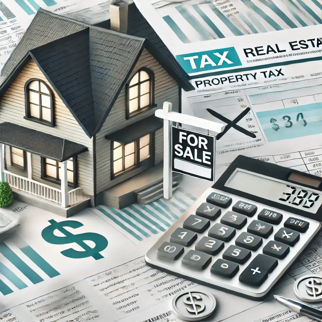 Collage of a calculator, house, for sale sign, and property taxes.